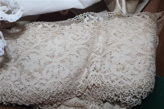 Various wide lengths of lace trimming and satin mits etc